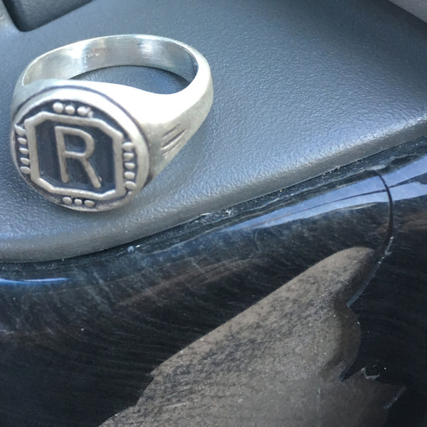 Riff Raff's "R" Vintage Finish Sterling Silver Signet Ring as worn by Reeve Carney (Penny Dreadful) in Fox's Rocky Horror Picture Show